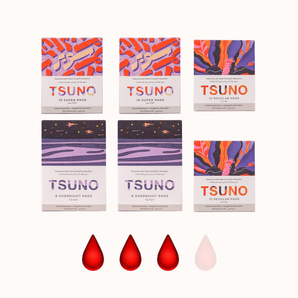 tsuno bundle medium heavy flow collection including panty liners regular pads and super pads
